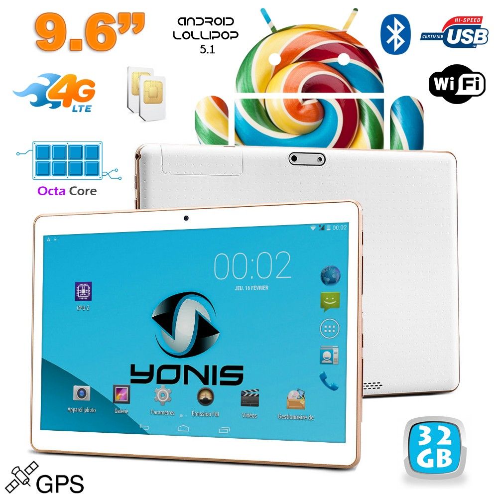 Tablette 4G 9.6 pouces Android 5.1 Dual SIM Octa Core GPS 32Go Blanc